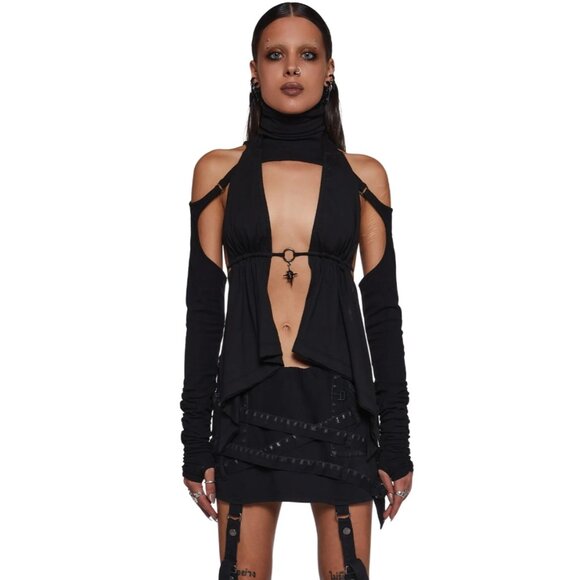 NWT Darker Wavs Jersey Extra Tall Turtleneck Thumbhole Cuffs Open Back Scarf Top - Picture 3 of 10